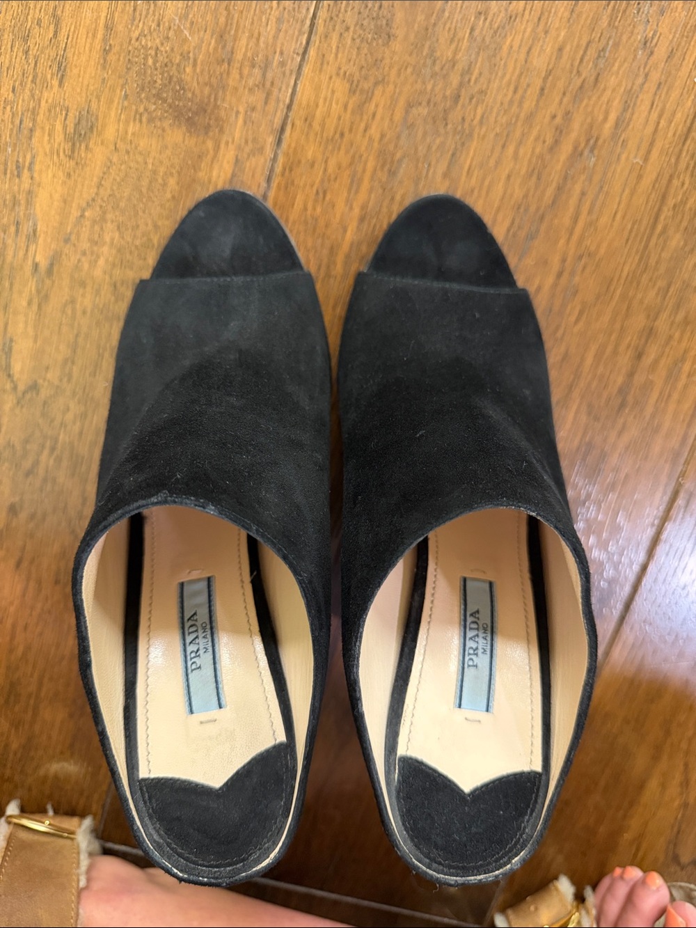 Prada - Women’s Black Suede Peep-Toe Wedge Bootie Mules Heel - Size: 38 - Picture 7 of 12